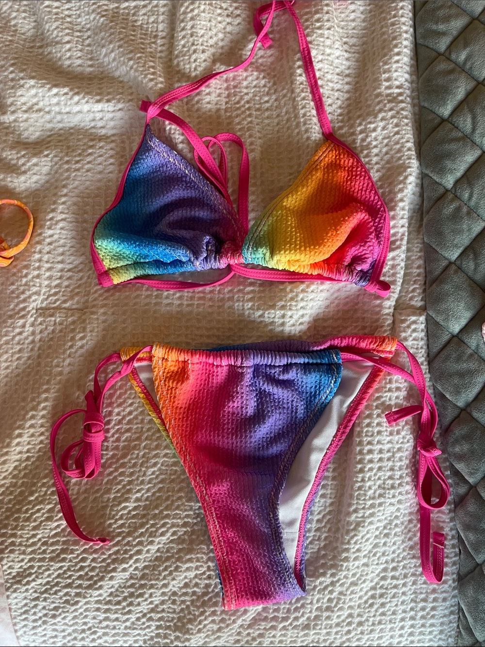 Rainbow Tie-Dye Triangle Bikini Set with Pink Trim
